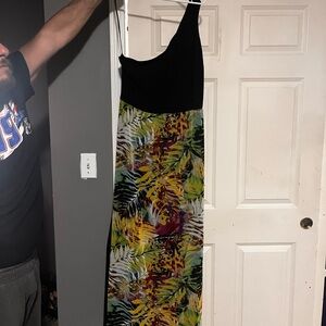 SLNY One Shoulder Black and Tropical Print Dress